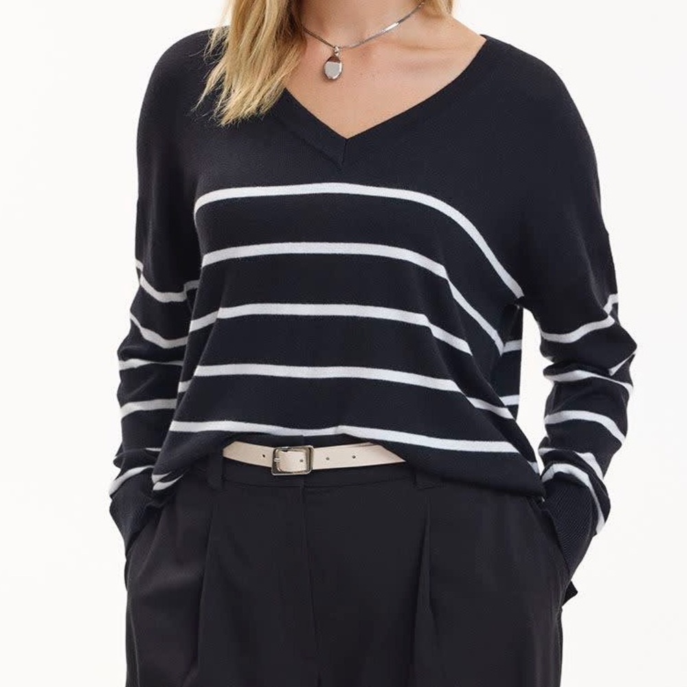 Nautica - Navy/White Striped V-Neck Sweater